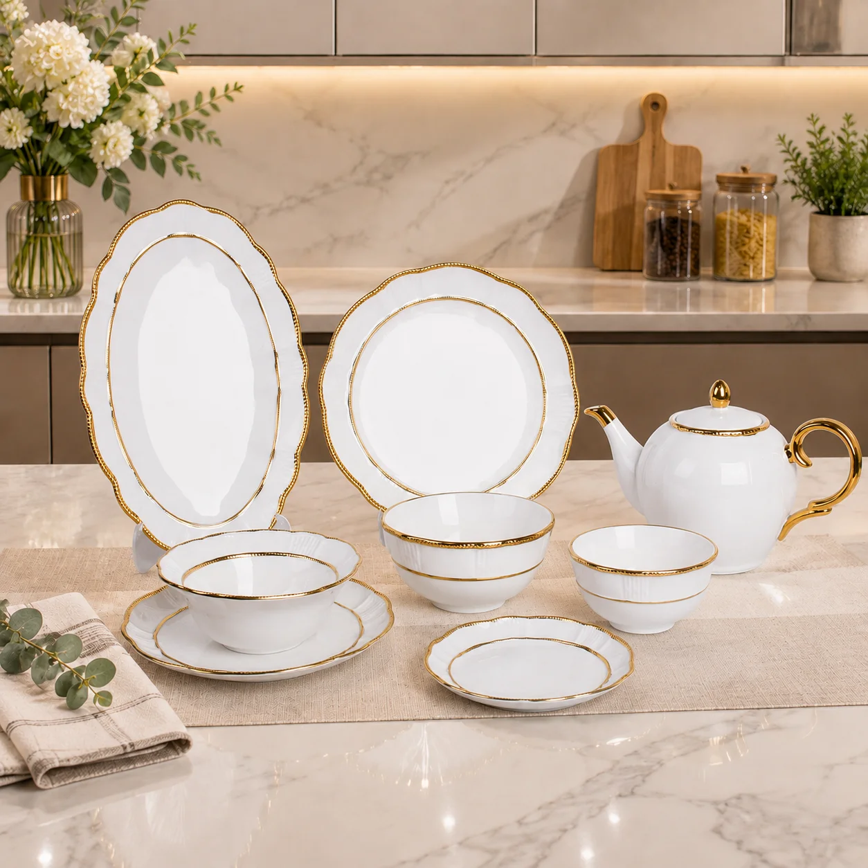 Twist‑Rim Gilded European‑Style Porcelain Dinnerware Set